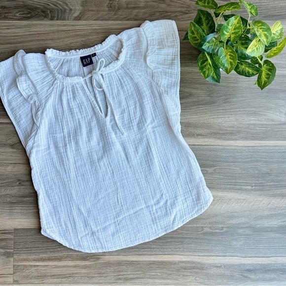 GAP White Crinkled Gauze Ruffle Sleeve Lightweight Boho Tie Neck Blouse Size S - Picture 2 of 9